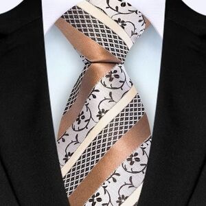 Men's Brown and Cream Striped Floral Tie